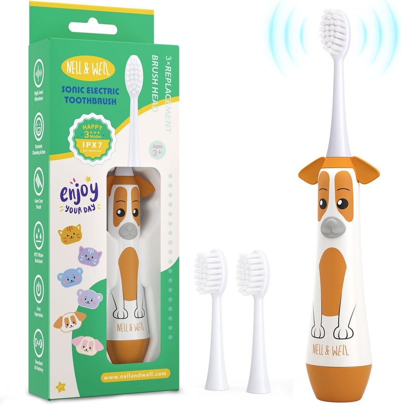 NELLWELL Kids Electric Toothbrush, 3 Modes, 2-Min Timer, IPX7, Battery Powered with 3 Soft Brush Heads for Children Ages 3+ - Image 1